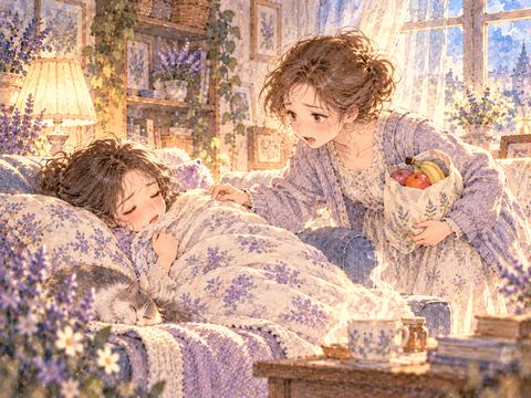 風邪で休む友達を見舞いに来た女性が声をかける