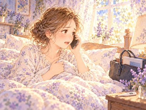 風邪で布団に入り職場へ電話する女性