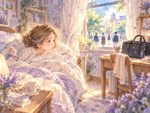 風邪で学校を休み通学鞄を見つめる女子生徒