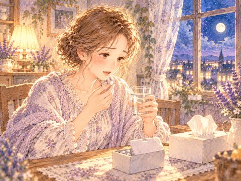 水の入ったコップを持って風邪薬を飲もうとする女性