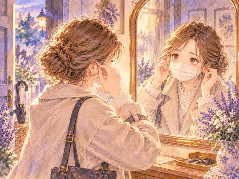 風邪をひいて白いマスクを着ける女性