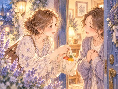 風邪をひいた友人の家を訪ねて果物を手渡す女性