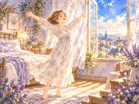 風邪が治って明るい朝の窓辺で伸びをする女性