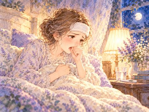 風邪が悪化して布団の中で苦しそうに咳き込む女性
