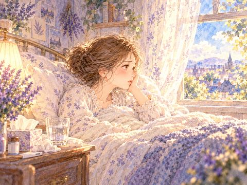 風邪が長引いて布団から窓の外を寂しそうに眺める女性