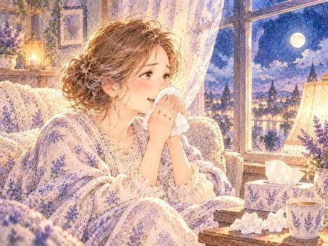 ティッシュで鼻をかみ少しほっとした表情の女性