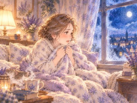 寒気で肩を震わせ毛布を引き寄せる女性