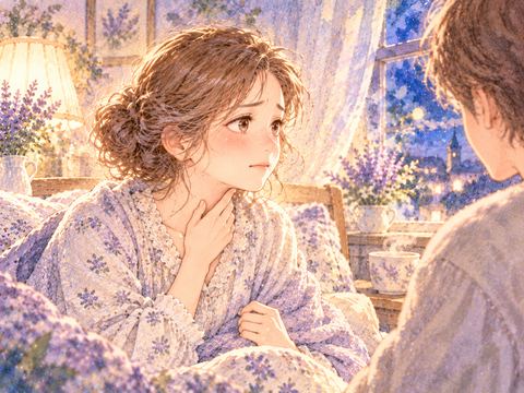 喉に手を添えて話しづらそうにしている女性