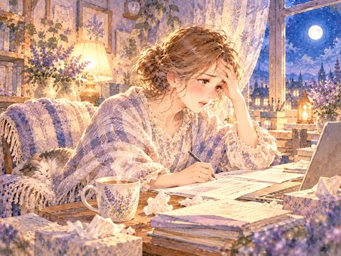 風邪でつらそうなのに机で仕事を続けようとする女性