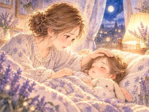 風邪で眠る子供の額に母親が優しく手を当てる