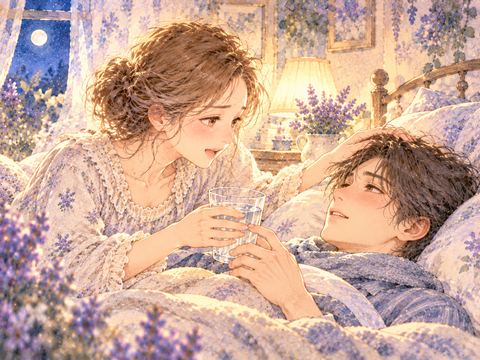 風邪で寝込む恋人に女性が水を差し出す