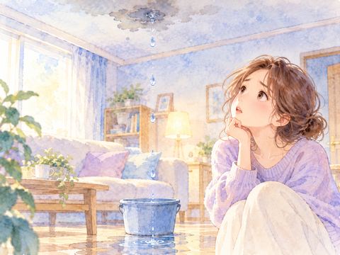 天井の一点から水滴が落ちるのを見つめる女性