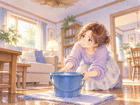 天井から落ちる水を青いバケツで受け止める女性