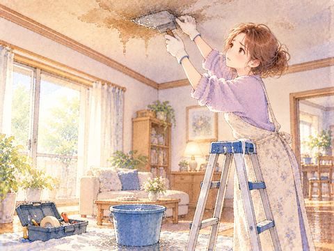 脚立に立ち天井の水漏れ箇所を修理する女性