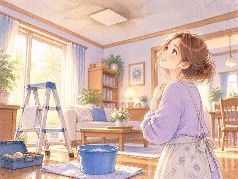 天井の水漏れが止まり安堵する女性