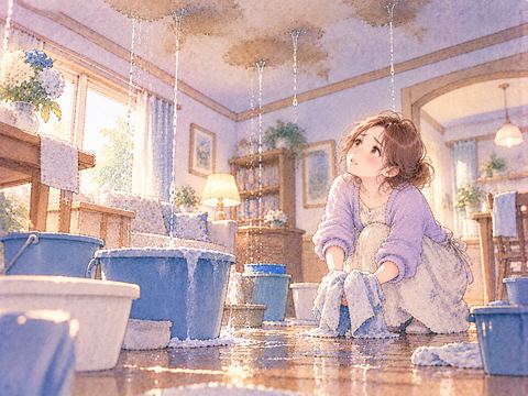 止まらない天井の水漏れに困り果てる女性