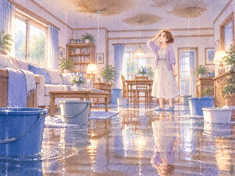 天井から漏れた水で床が水浸しになった部屋