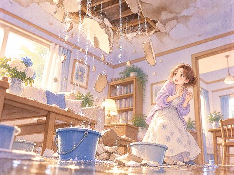 水漏れで天井の一部が崩れ驚く女性