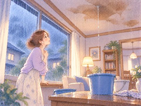 雨の降る窓辺で天井から雨漏りする部屋