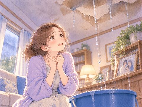 天井から水が漏れ怖がる女性