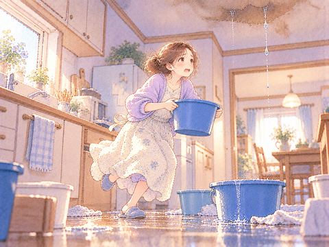 天井の水漏れに焦りバケツを運ぶ女性