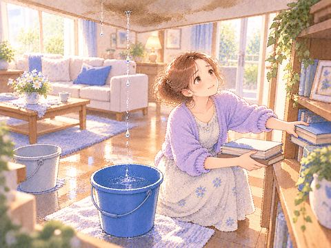 天井の水漏れに落ち着いて対処する女性