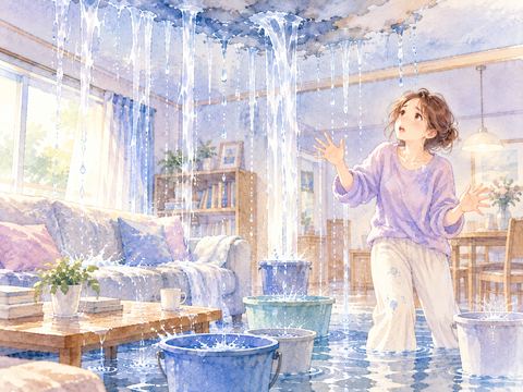 天井から大量の水が流れ落ち慌てる女性