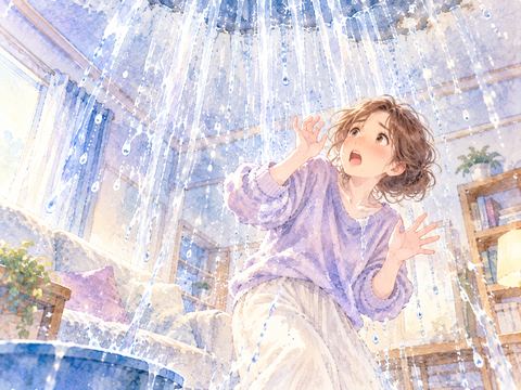 室内で突然頭上から降る水に驚く女性