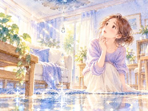 天井から漏れる透明な水が光を受けて輝く部屋