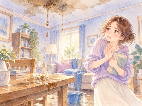天井から落ちる茶色く濁った水を避ける女性