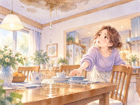 自宅の食卓に落ちる天井の水を心配する女性
