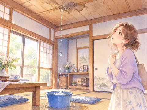 懐かしい実家の和室で天井の水漏れを見る女性