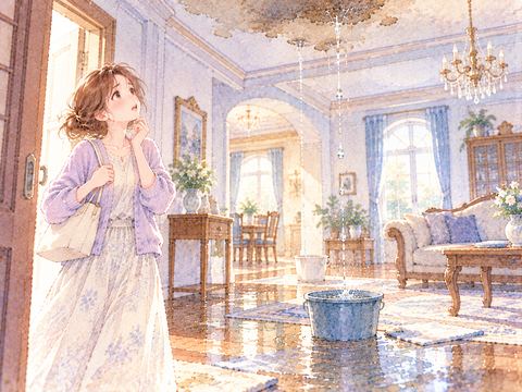 見知らぬ家の水漏れに戸惑い立ち尽くす女性