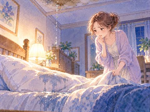 寝室の天井から枕元へ水が落ちて困る女性