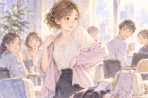 人のいる部屋で上着を替えながら周囲を気にする女性