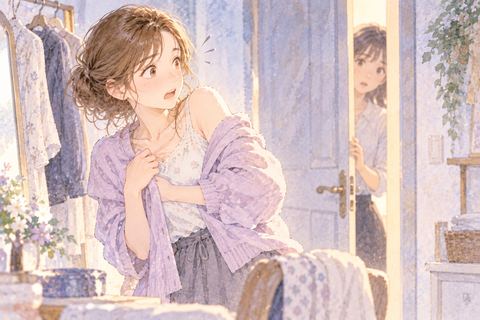 着替え途中に扉から人が現れて驚く女性