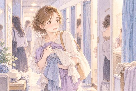 服を抱えて空いた更衣室を探す大人の女性
