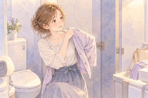 トイレの個室で上着を替える大人の女性