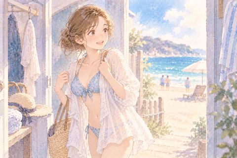 水着の上に羽織りを着て海辺へ向かう大人の女性