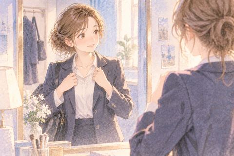 制服のジャケットを着て鏡を見る大人の女性