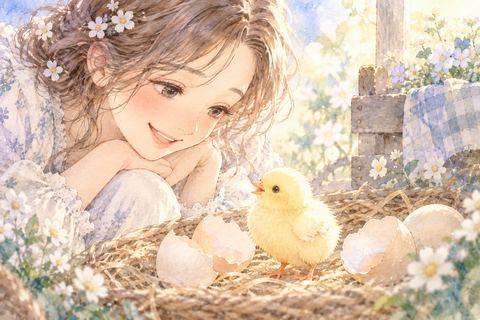 生まれたばかりのひよこを見つめる女性