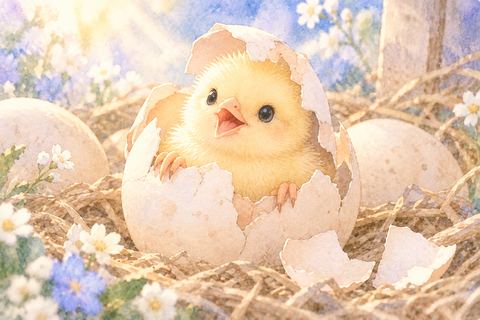 卵の殻を破って顔を出すひよこ