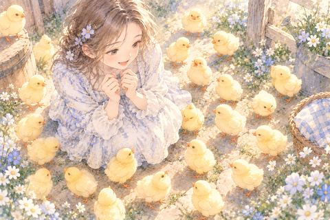 たくさんのひよこに囲まれて戸惑う女性