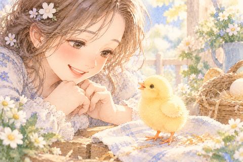 明るい黄色のひよこを見つめる女性