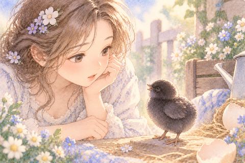黒いひよこを不思議そうに見つめる女性