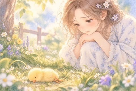 動かないひよこを悲しそうに見つめる女性