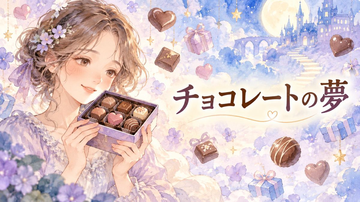 チョコレートを見つめる大人の女性と夢の光景