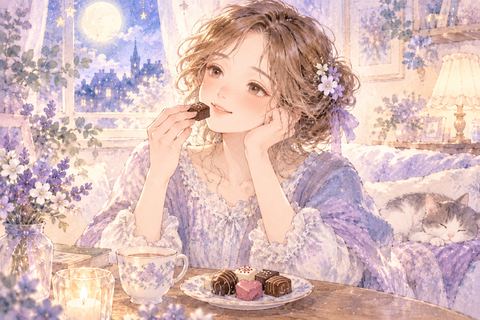 チョコレートを口に運ぶ女性