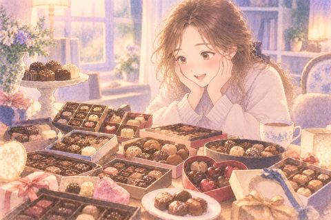 たくさんのチョコレートを前に喜ぶ女性
