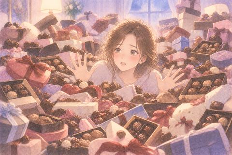 大量のチョコレートに囲まれて戸惑う女性